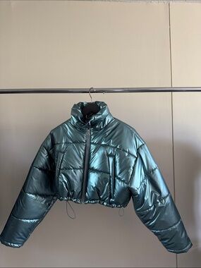 Urban Outfitters Metallic Teal Cropped Puffer Jacket